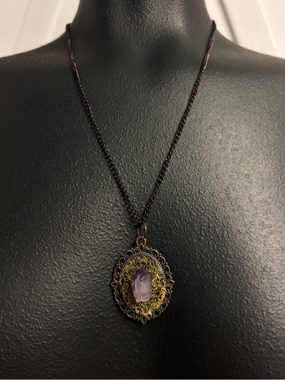 Vintage-Style fairycore Amethyst on moss woodsy Necklace in Bronze